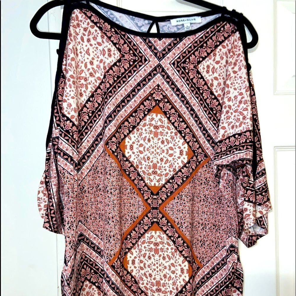 Rose and olive cold shoulder lightweight flowy blouse